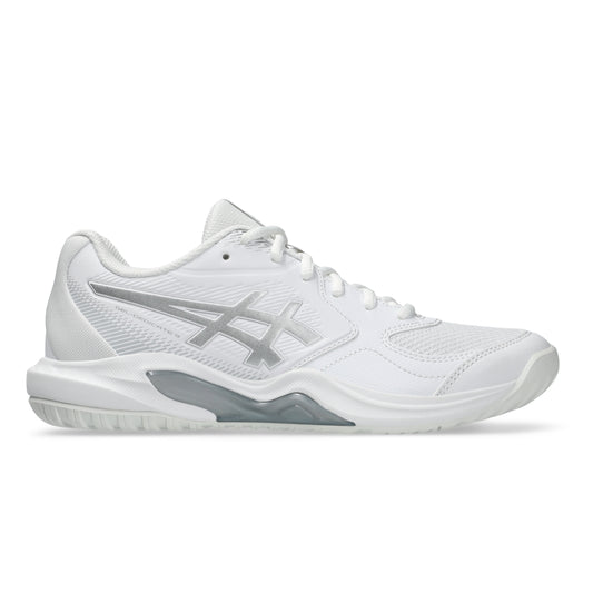 A white tennis shoe with a silver ASICS logo, shown in a side profile view against a plain white background.