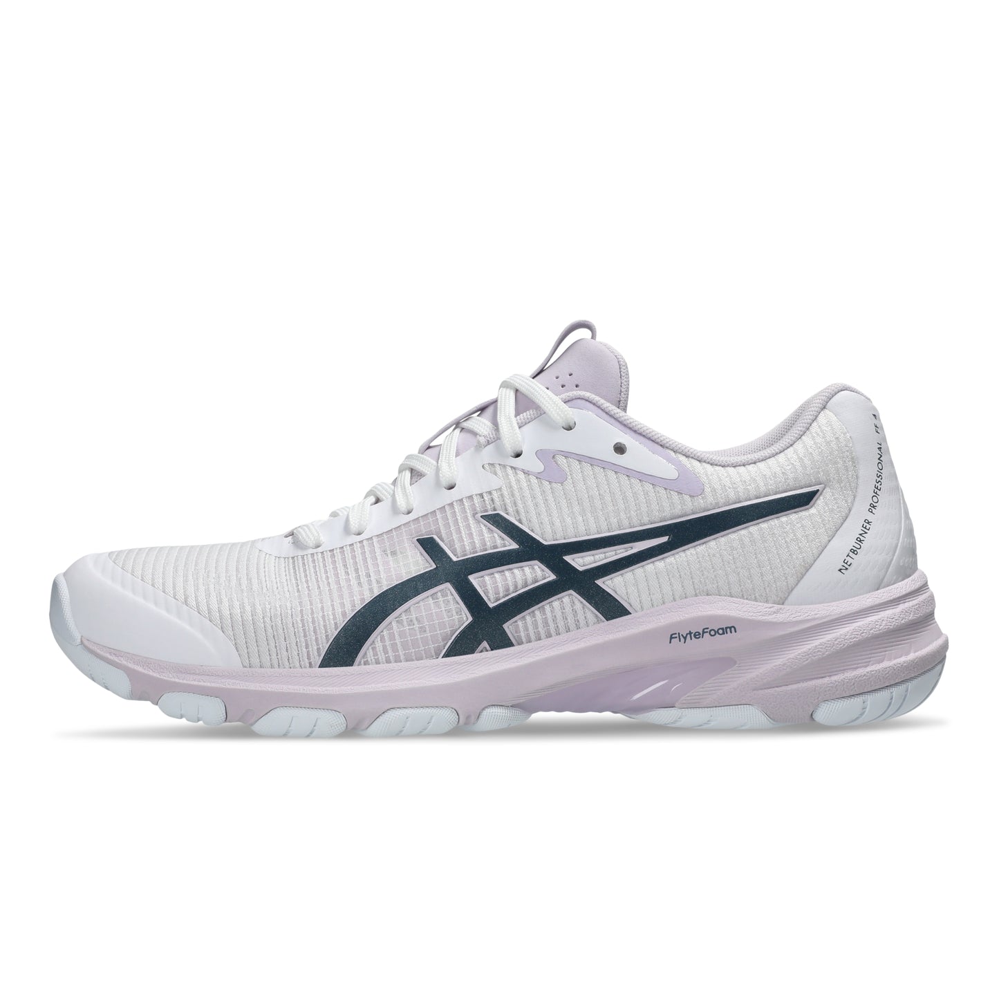 White Asics shoe with black logo on a white background