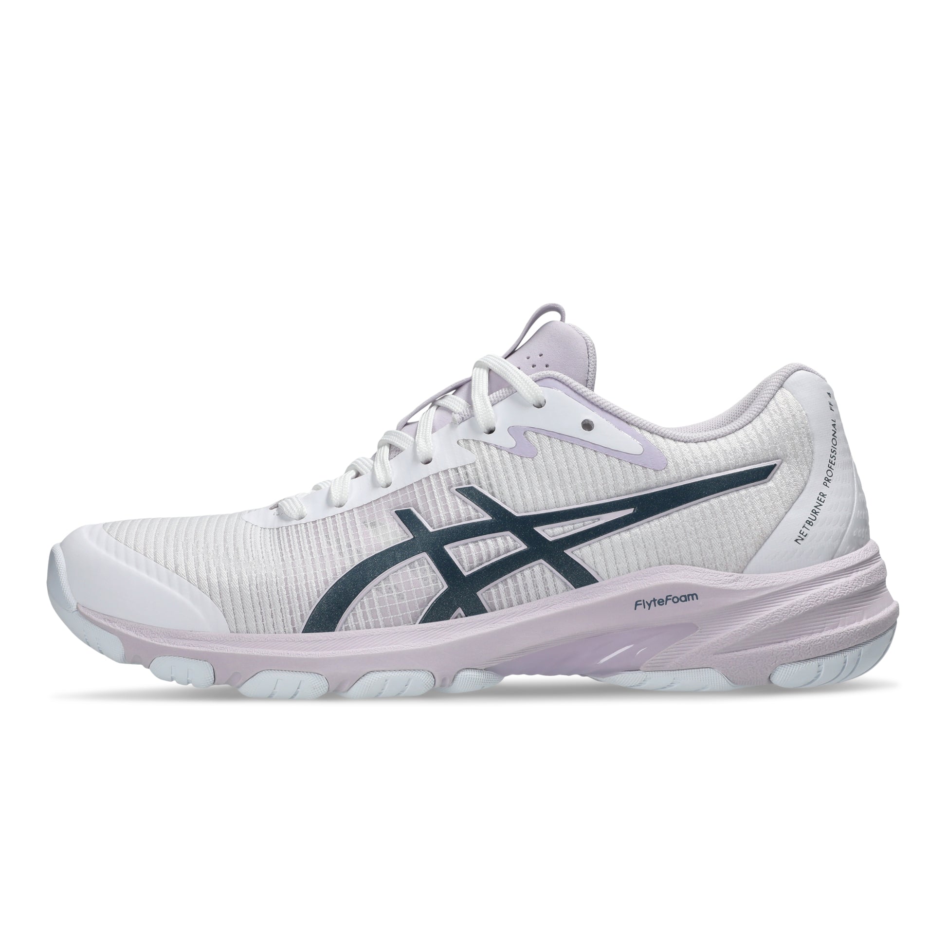 White Asics shoe with black logo on a white background