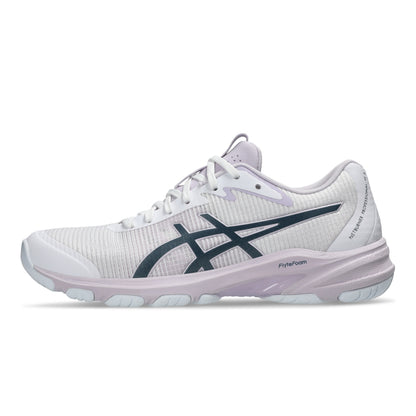 White Asics shoe with black logo on a white background