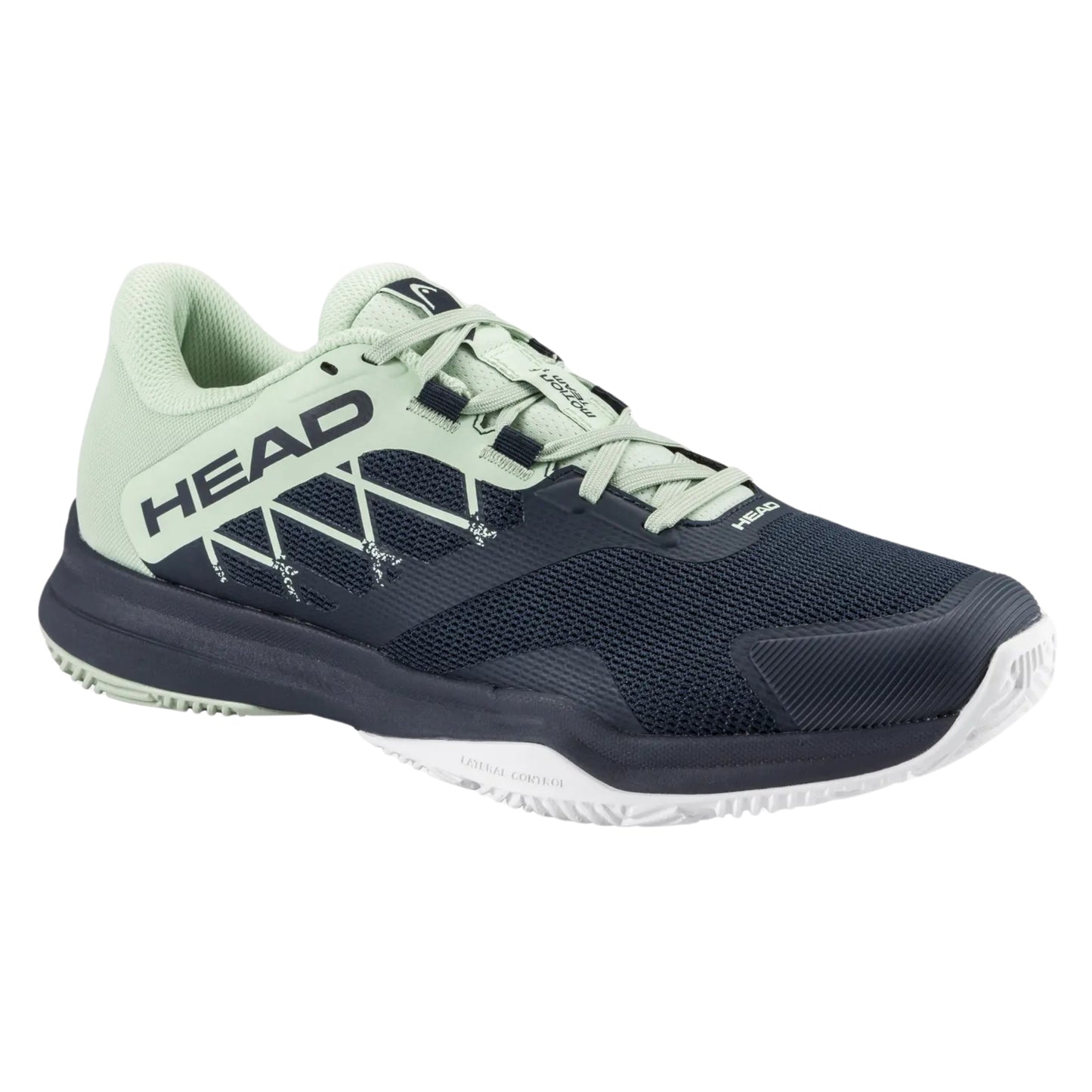 Navy and light green Head padel shoe with HEAD logo on a white background