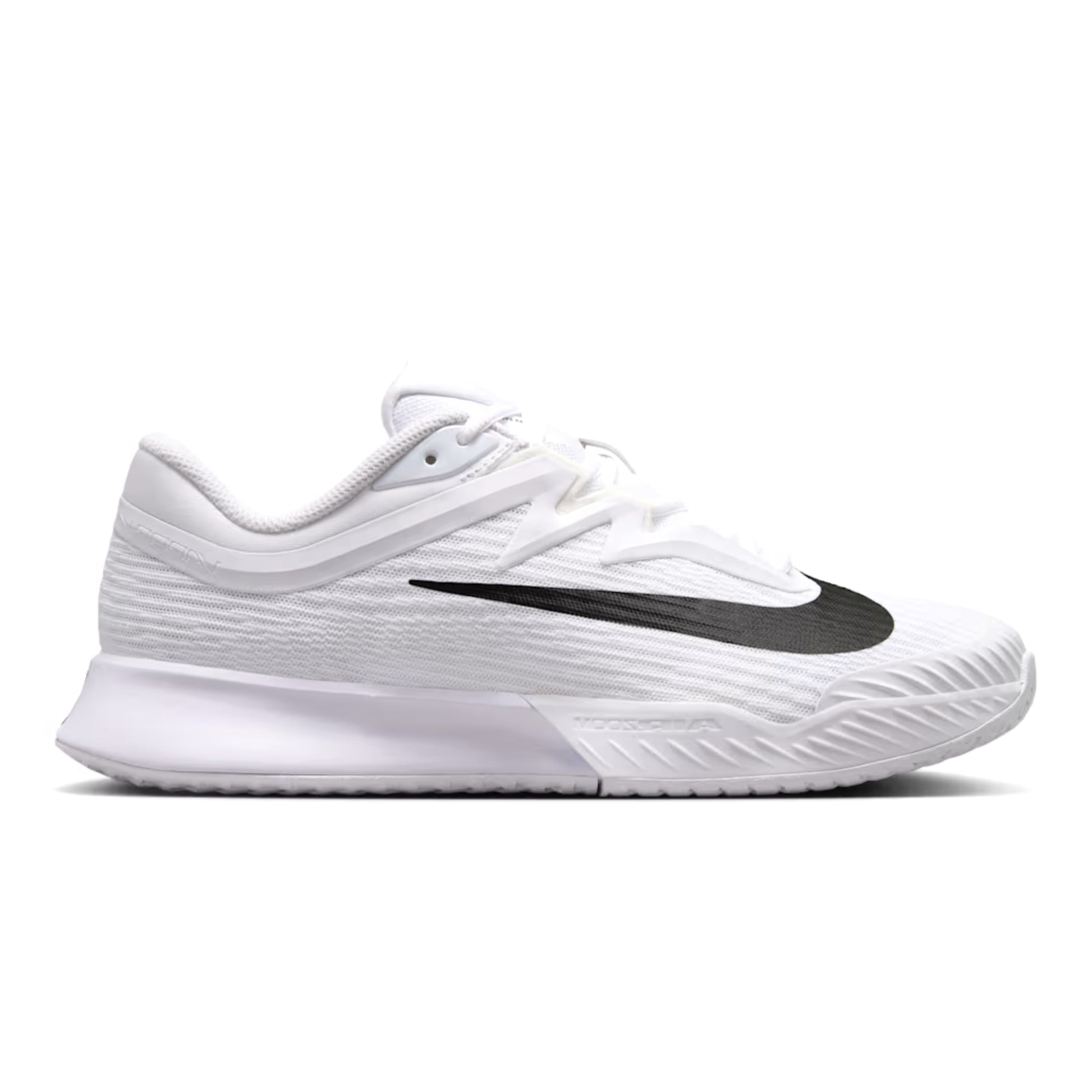White tennis shoe with black swoosh logo on a white background