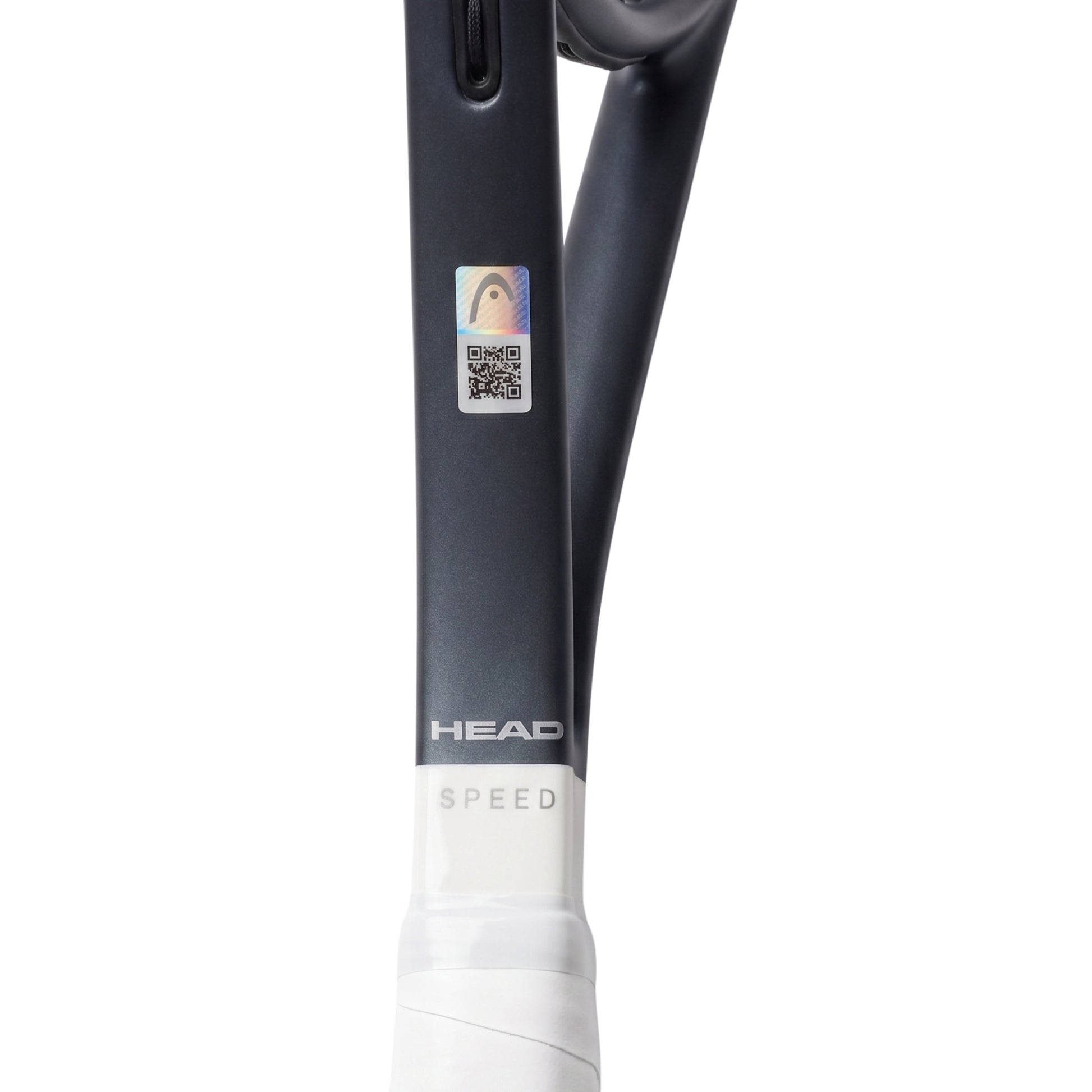 Close-up of a tennis racket frame and grip on a white background, showing the HEAD SPEED model with a black frame and white wrapped handle.