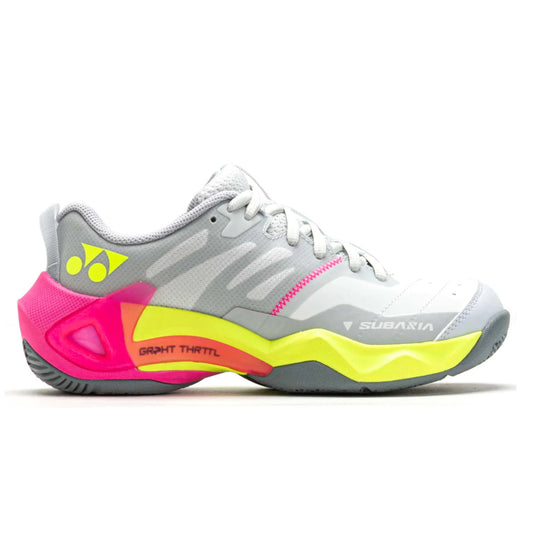 Gray and pink athletic Yonex shoe with yellow accents on a white background