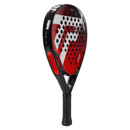 Red and black Tecnifibre padel racket with visible branding on a white background