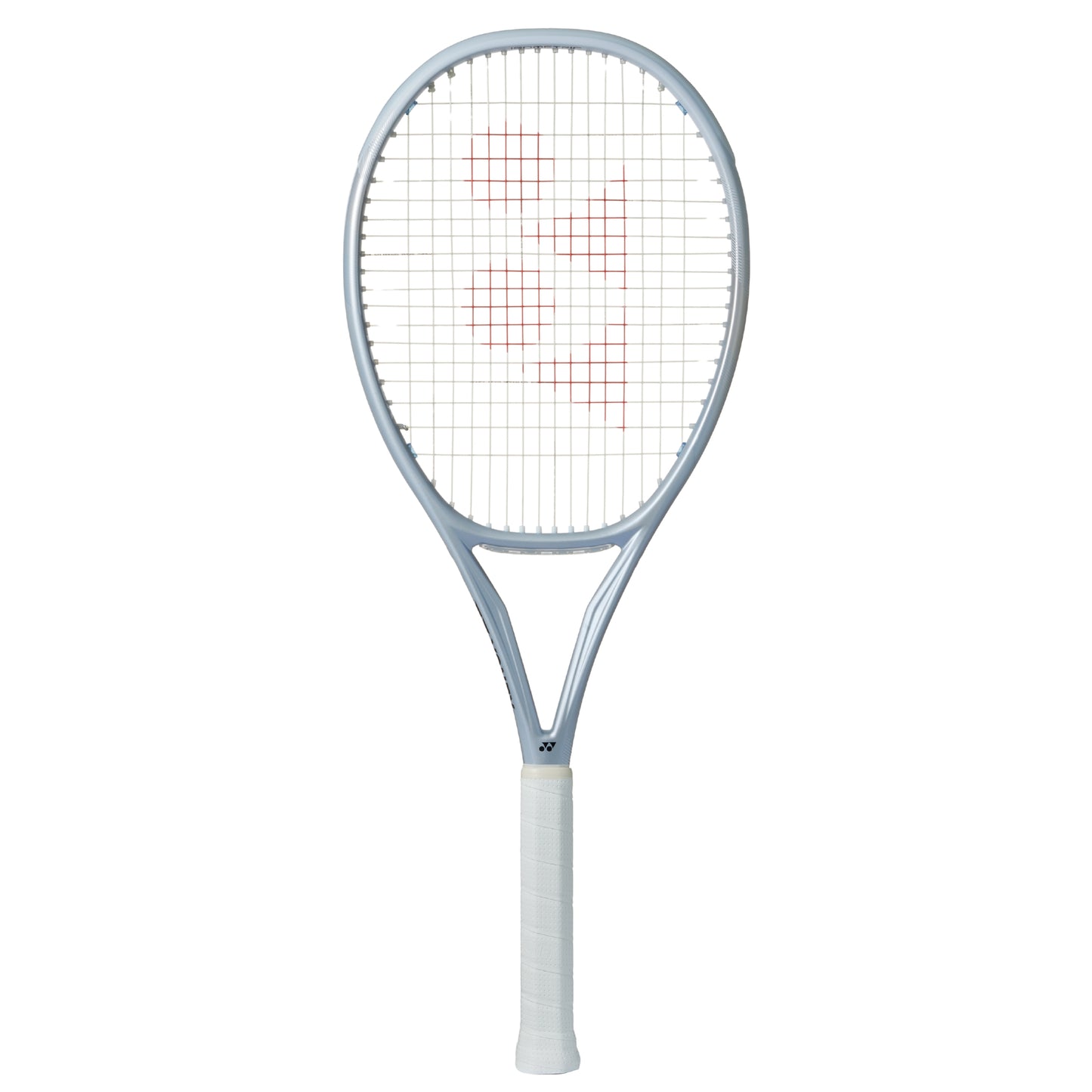 Silver Yonex tennis racket with white handle on a white background