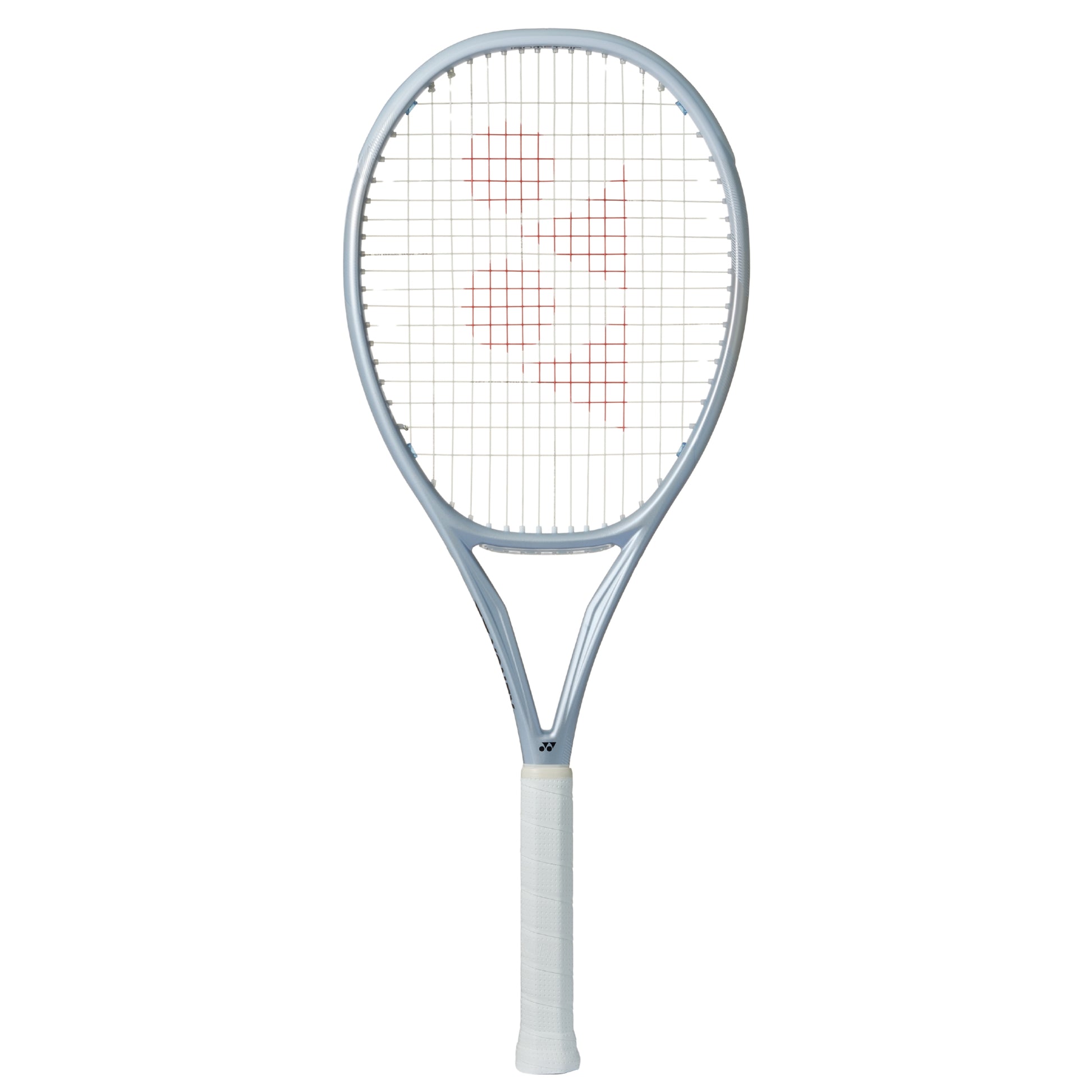 Silver Yonex tennis racket with white handle on a white background