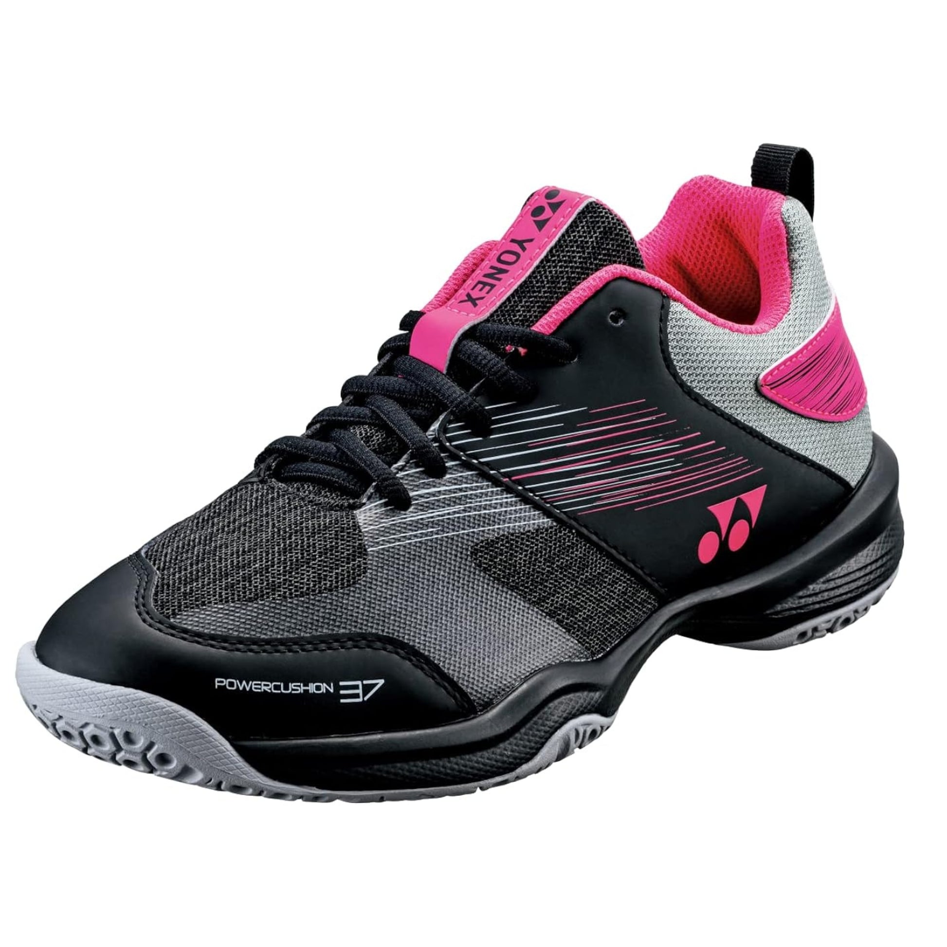 Pink and gray Yonex shoe with black accents on a white background
