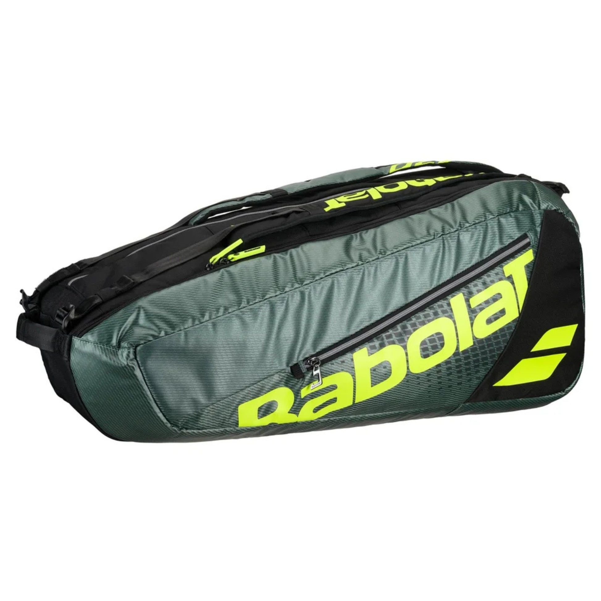 Gray and black Babolat tennis bag on a white background