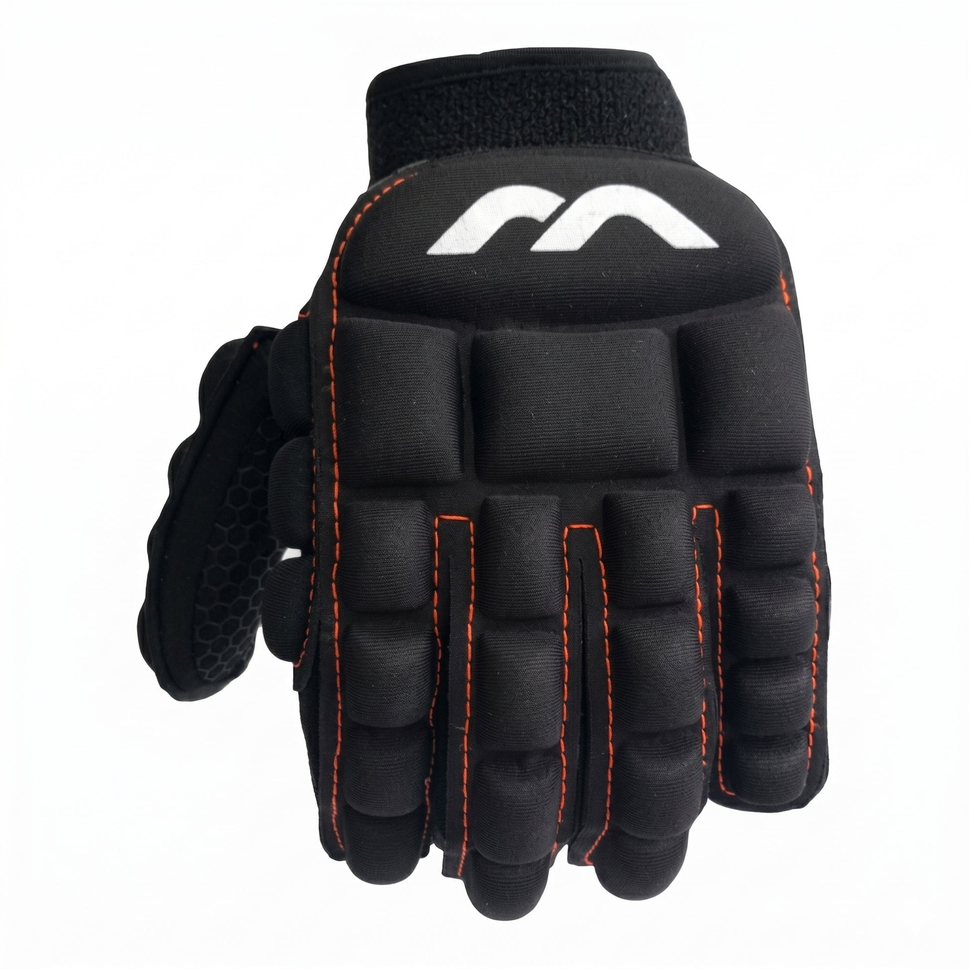 Black Mercian glove with orange stitching on a white background