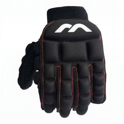 Black Mercian glove with orange stitching on a white background