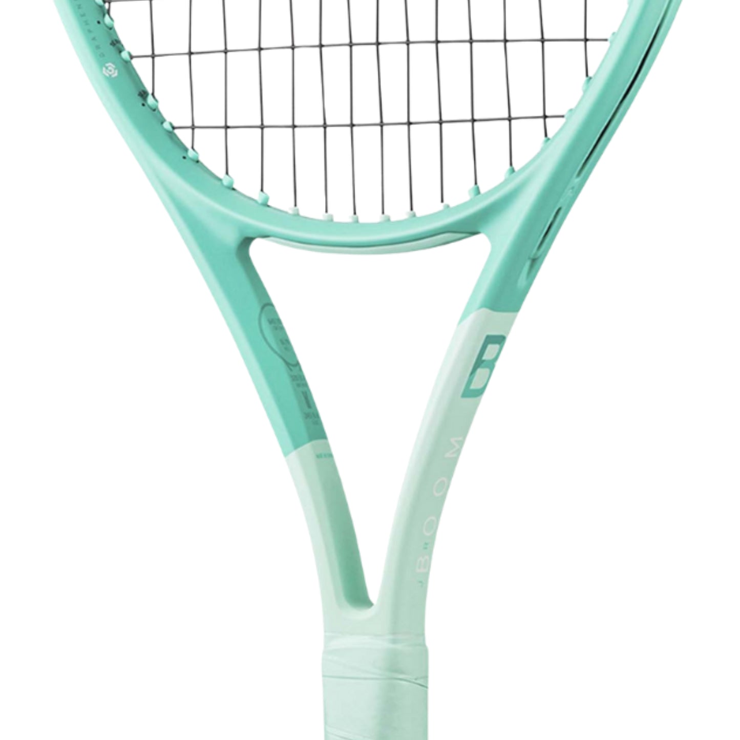 Close-up of a mint green tennis racket on a white background