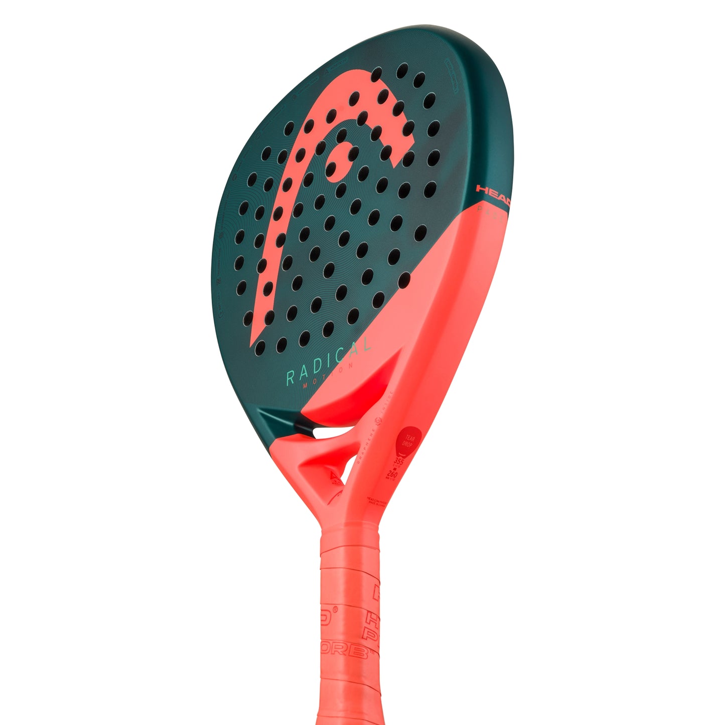 Head Radical padel racket with green and red design on a white background