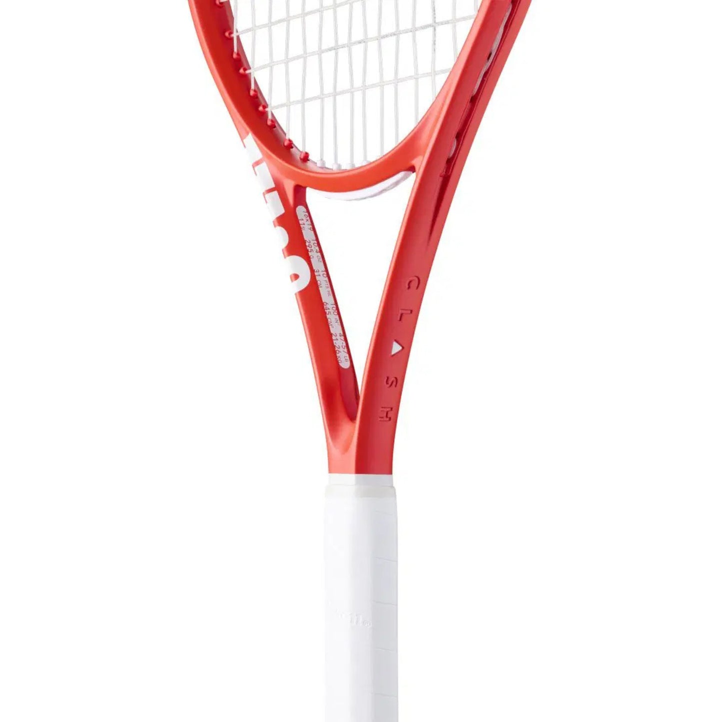 Red and white tennis racket on a white background