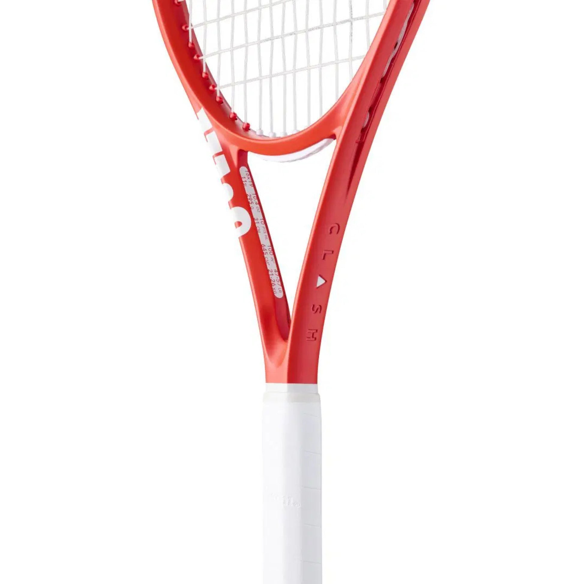 Red and white tennis racket on a white background
