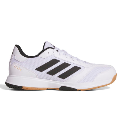 White squash shoe with black stripes on a white background