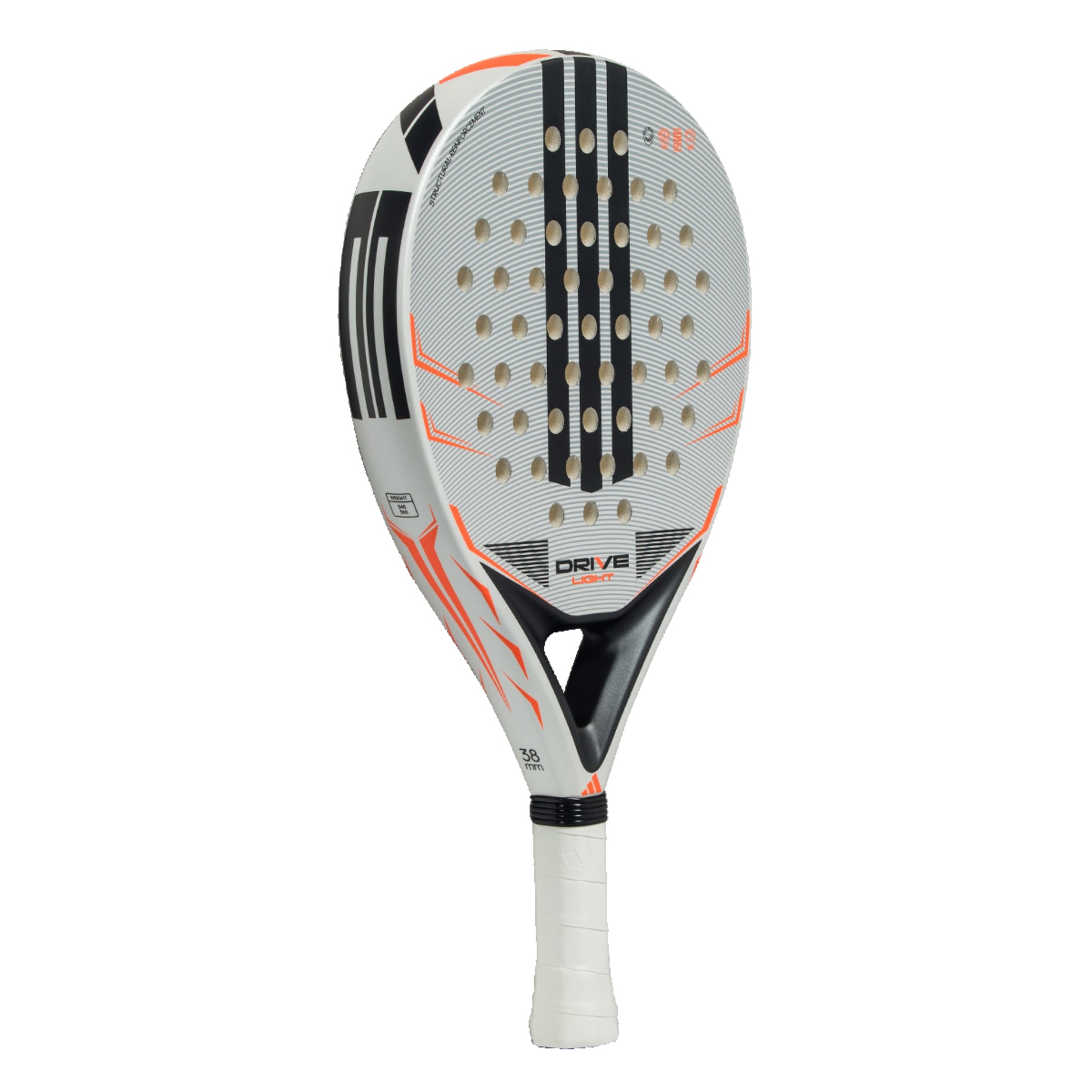 Padel racket with black, white, and orange design on a white background
