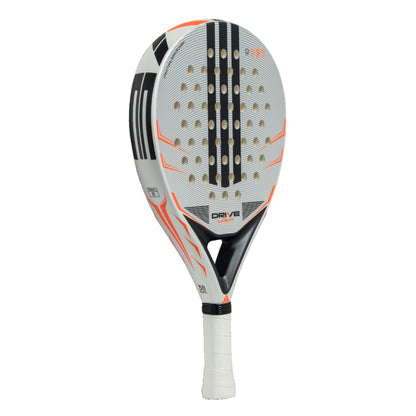 Padel racket with black, white, and orange design on a white background