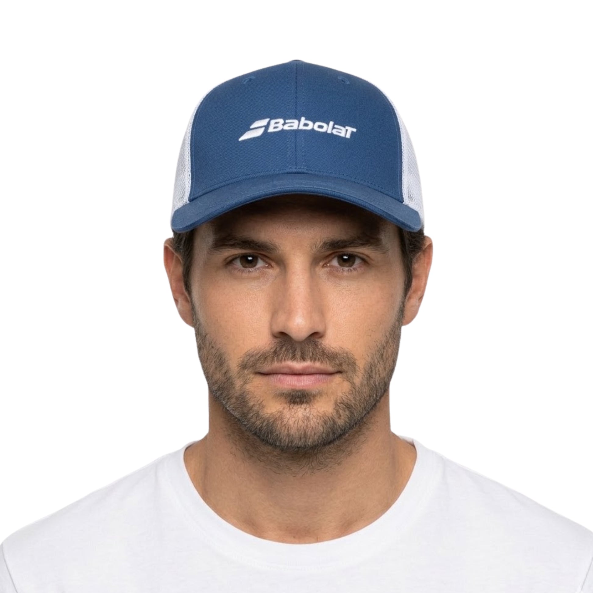 Man wearing a blue and white cap with Babolat logo on a white background