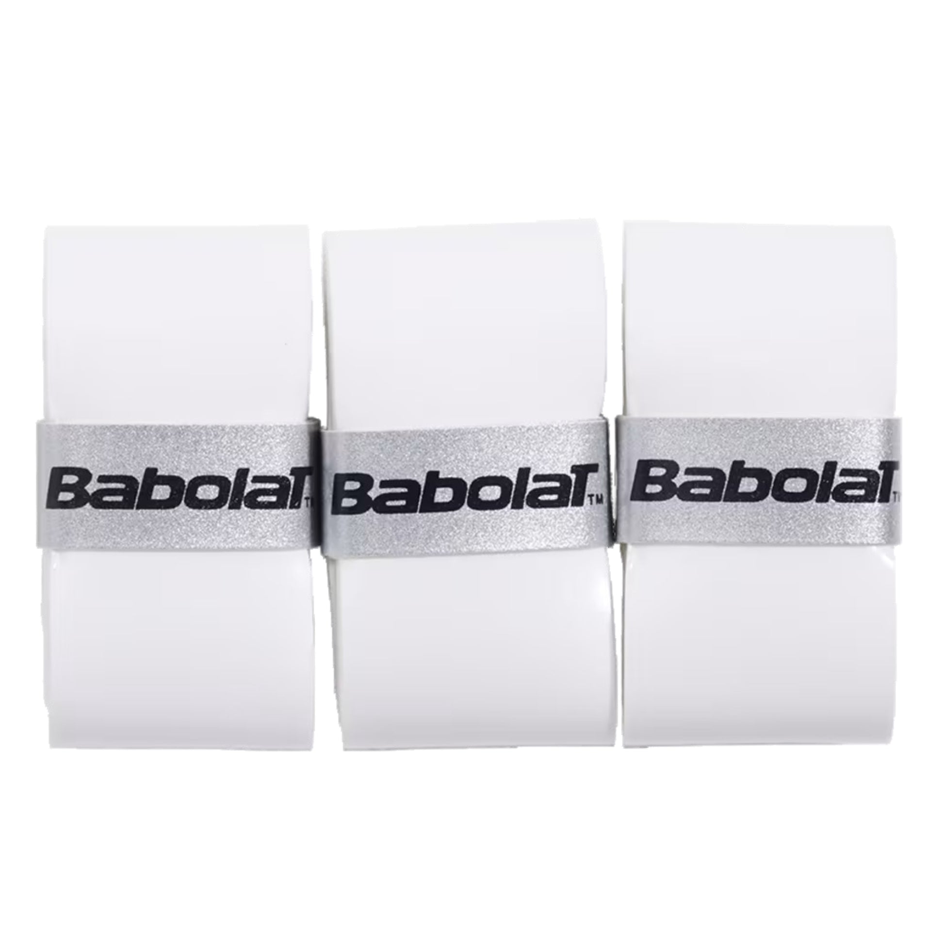 Three white Babolat overgrips with black branding on a white background
