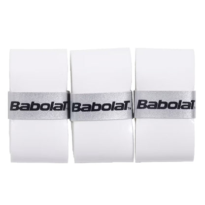 Three white Babolat overgrips with black branding on a white background