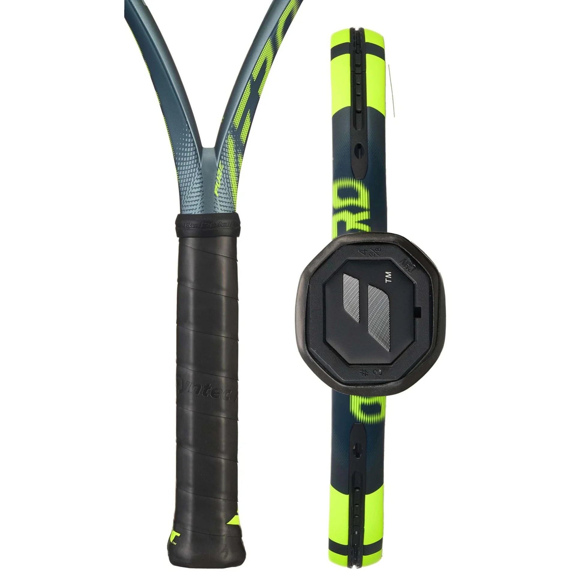 Tennis racket with black and yellow design on a white background