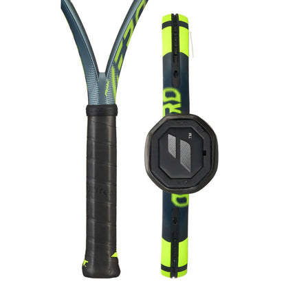 Tennis racket with black and yellow design on a white background