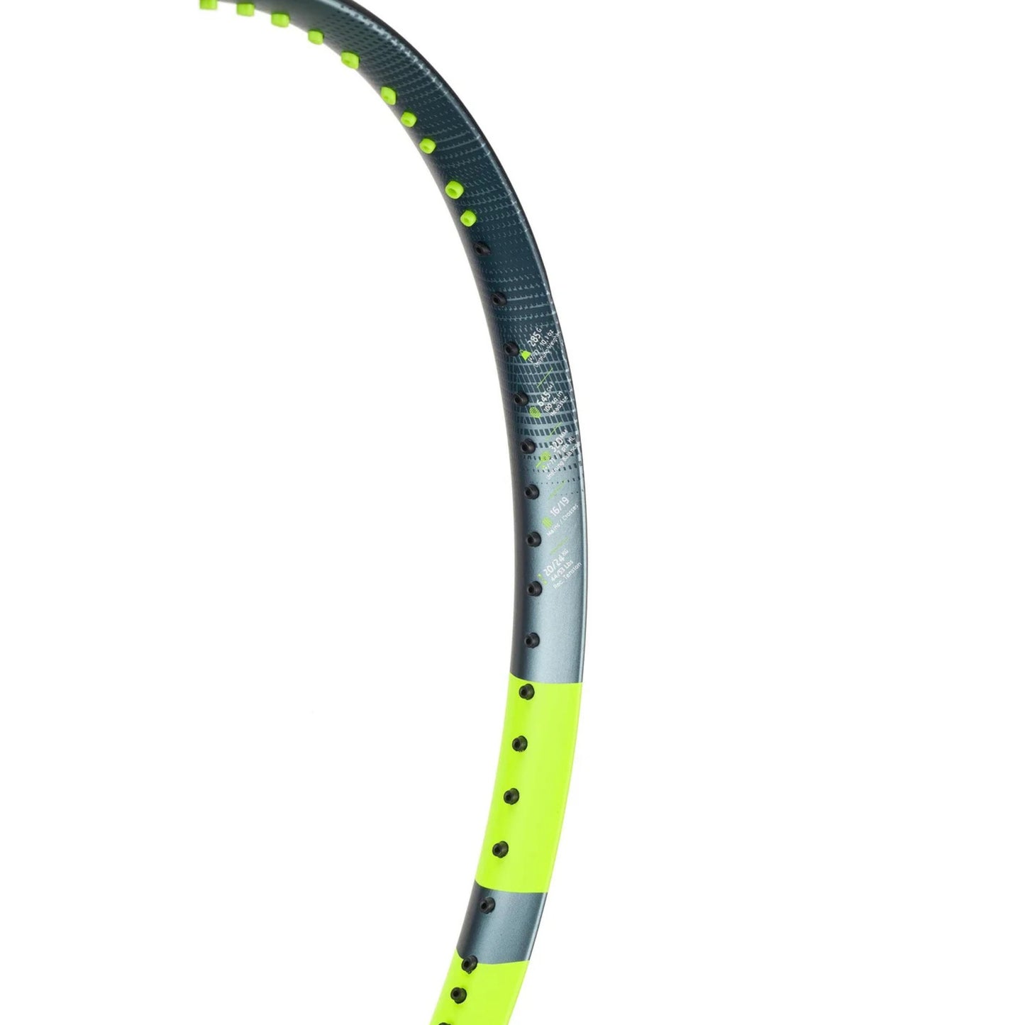 Tennis racket with gray and yellow design on a white background