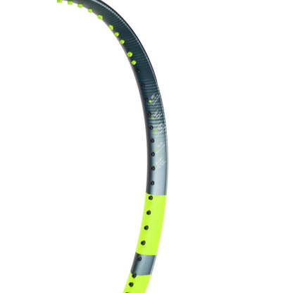 Tennis racket with gray and yellow design on a white background