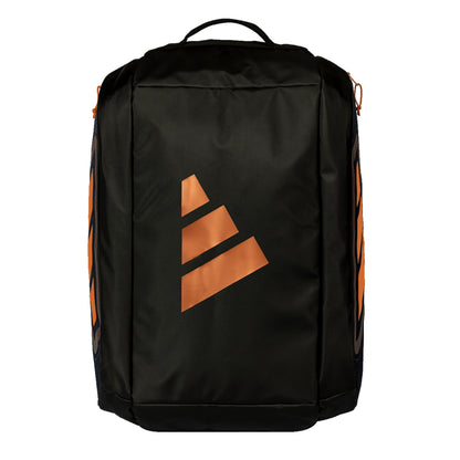 Navy and black adidas padel bag with orange accents on a white background