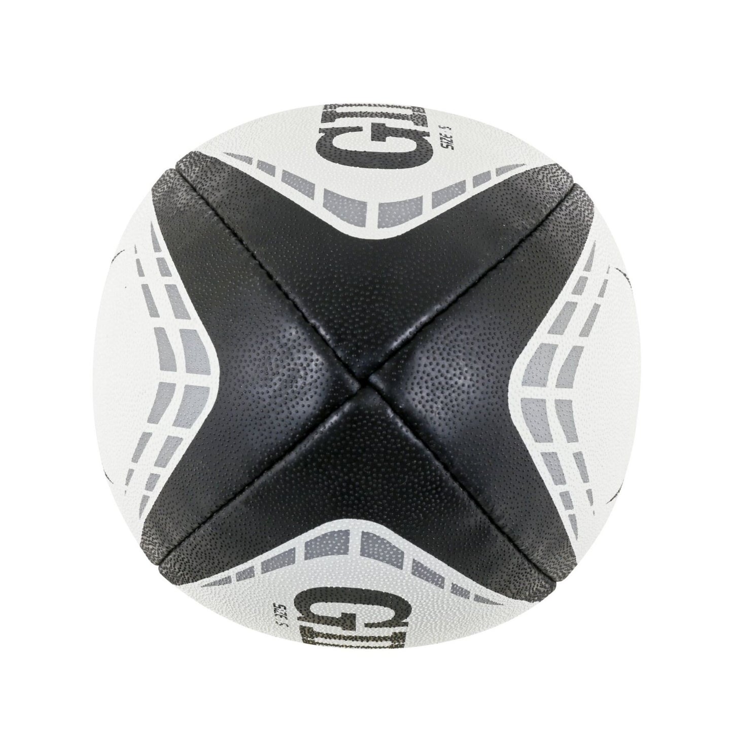 Black and white rugby ball with on a white background