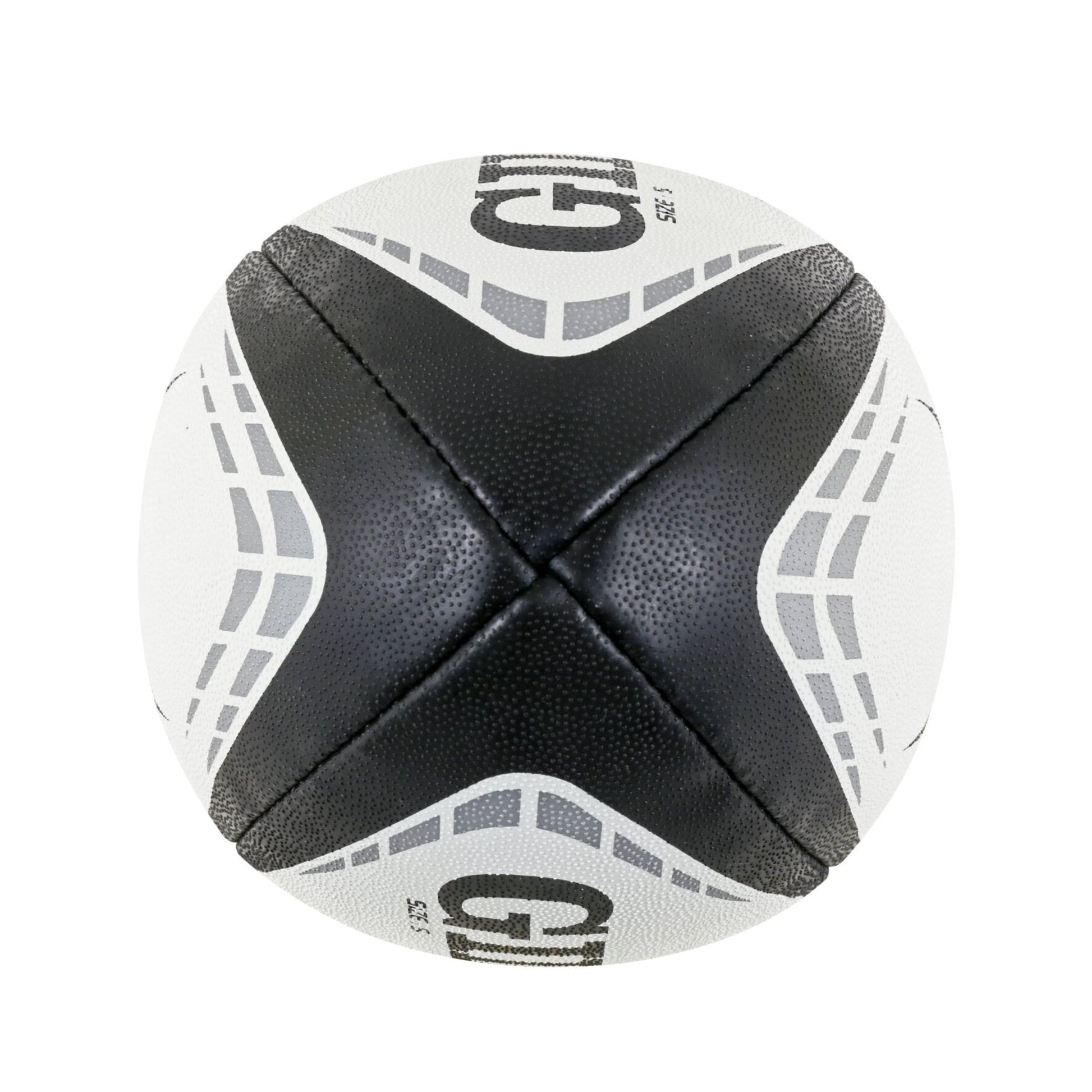 Black and white rugby ball with on a white background
