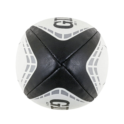 Black and white rugby ball with on a white background