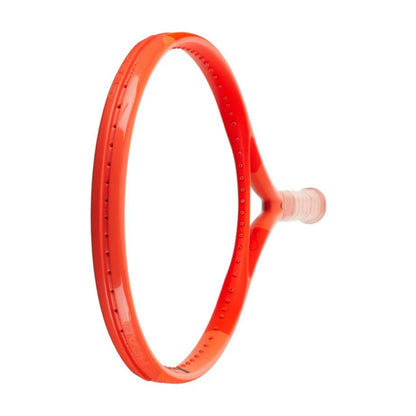 A bright orange Head tennis racket shown from a side profile view against a solid white background.