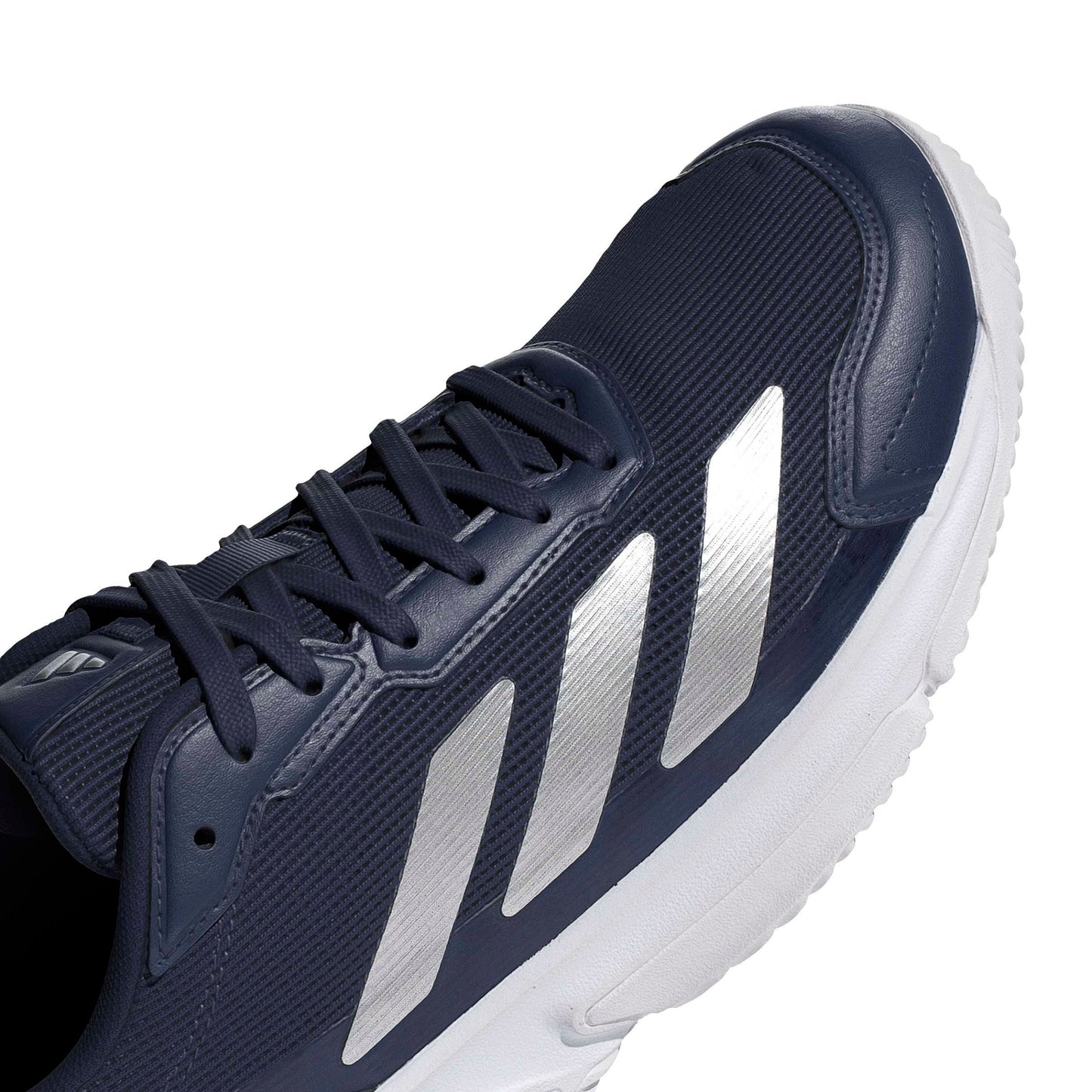 Navy adidas padel shoe with the white logo and a white sole on a white background