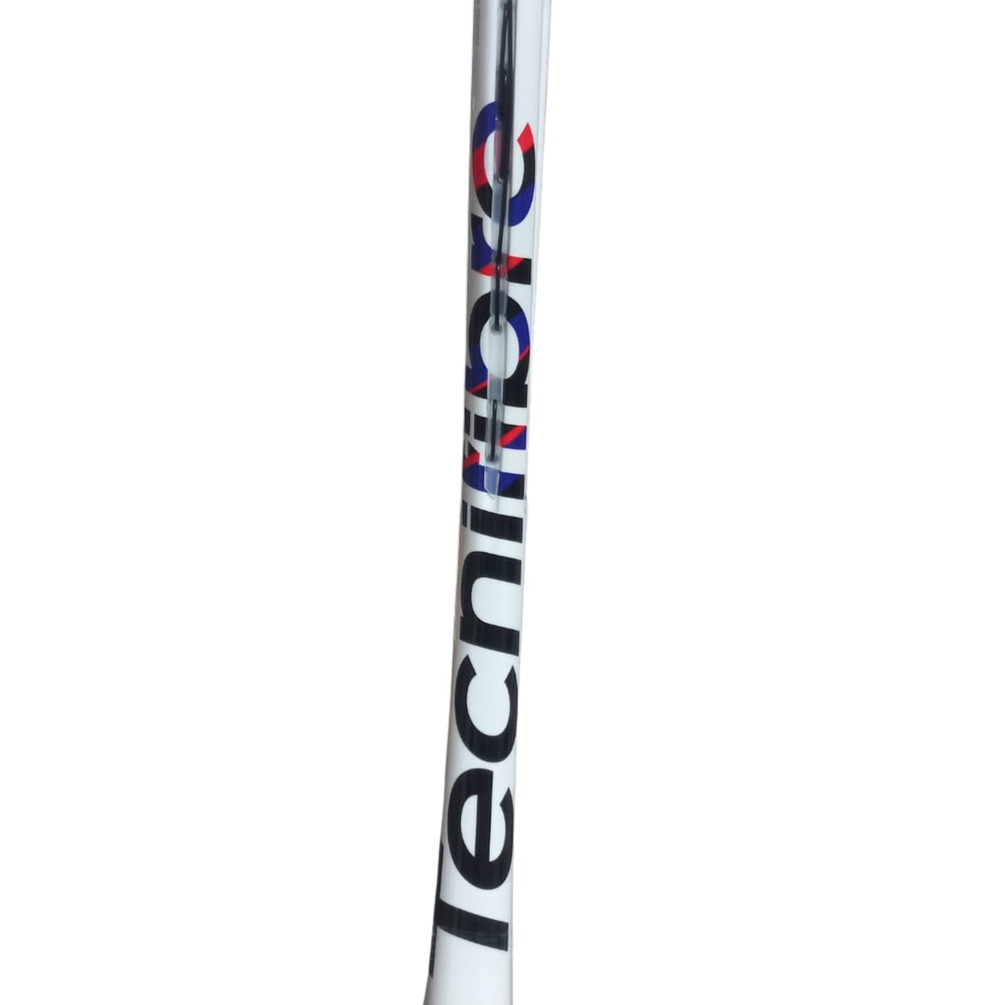 Close-up of a white and black squash racket shaft with 'tecnifibre' branding on a white background