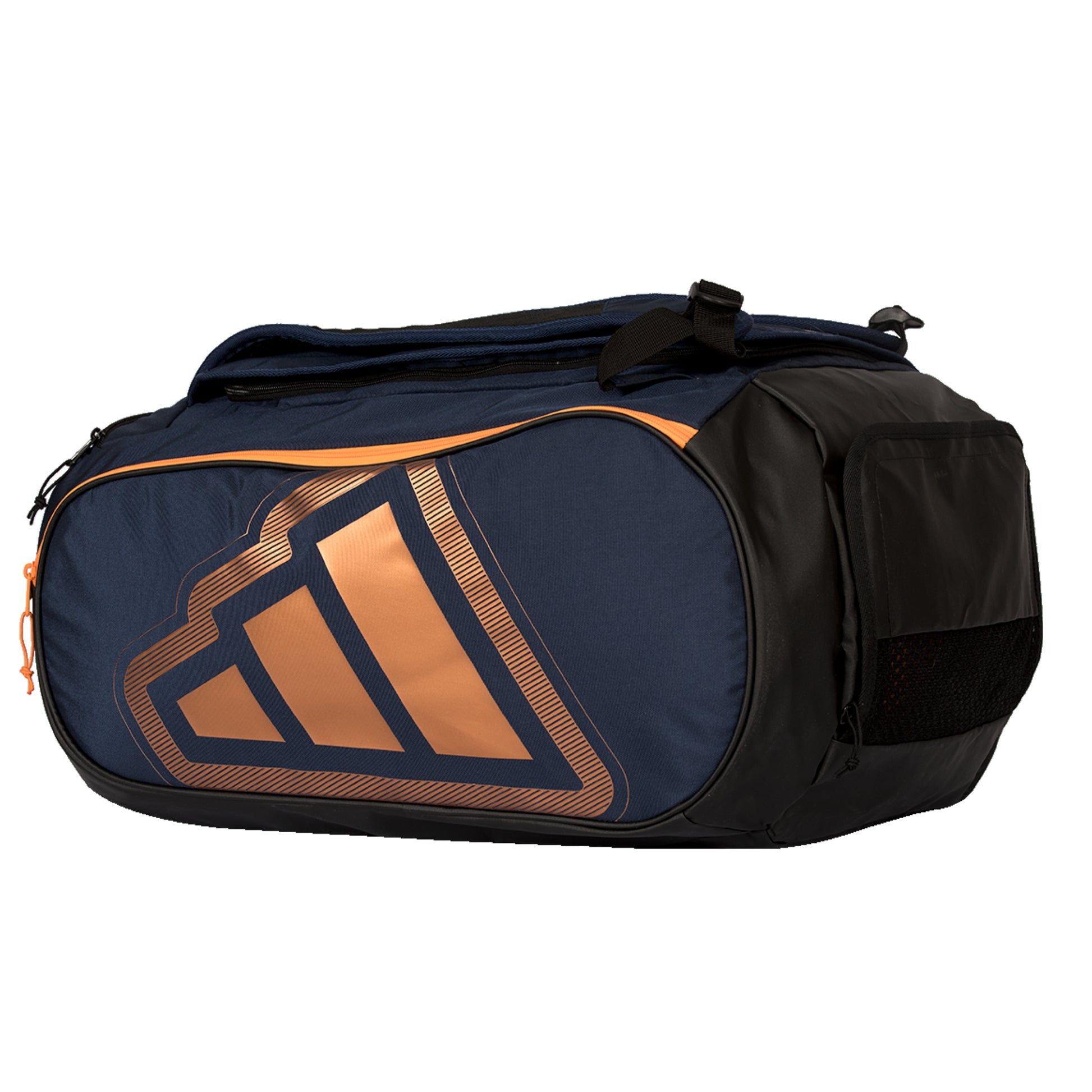 Navy and black adidas padel bag with orange accents on a white background