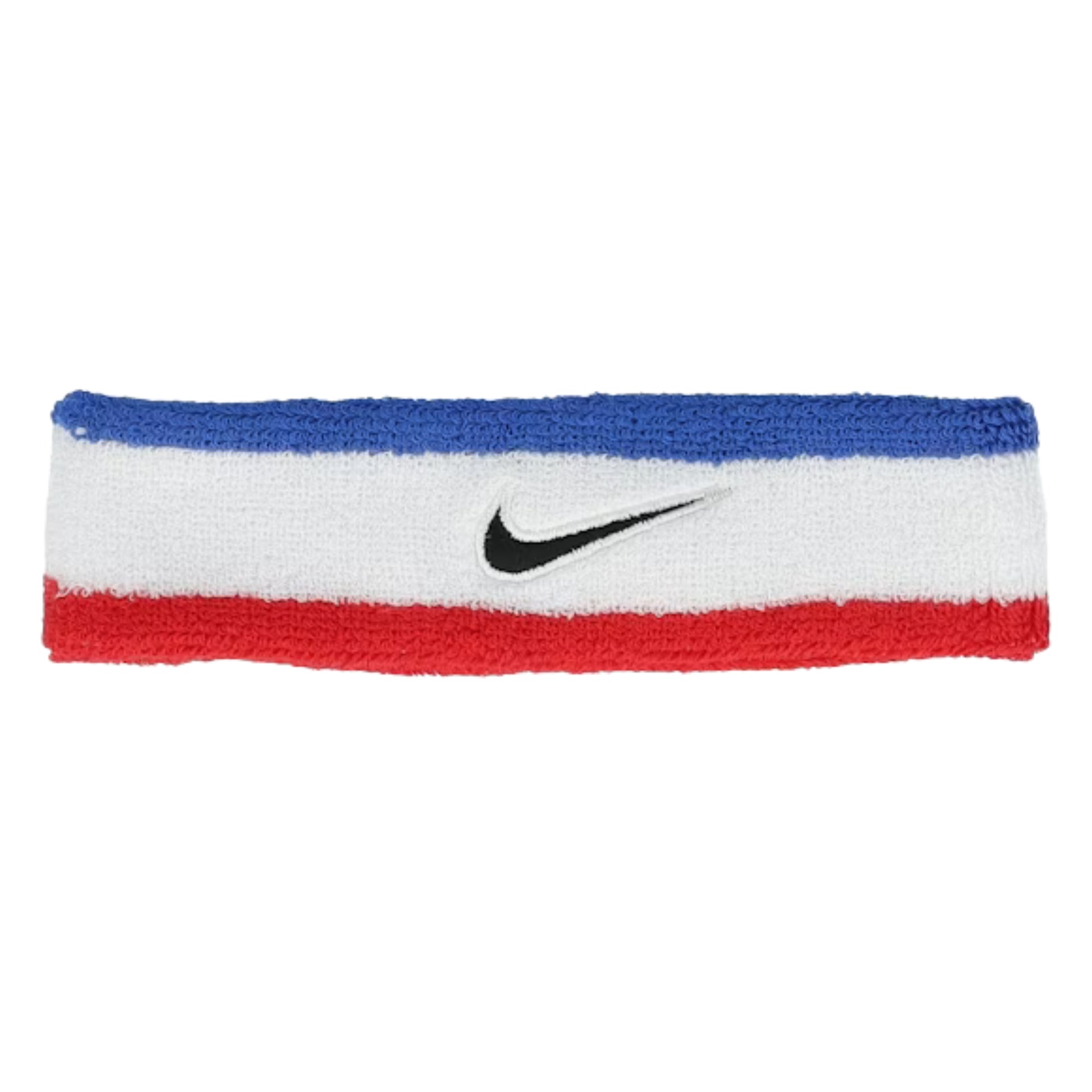 Nike headband with red, white, and blue stripes on a white background