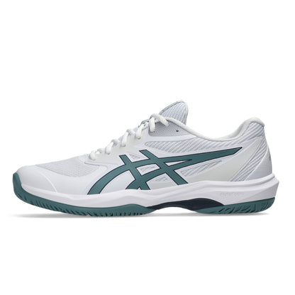 A white Asics tennis shoe with a dark teal stripe logo and matching teal outsole, shown in a side profile on a white background.