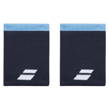 Pair of navy Babolat wristbands with blue top section and Babolat logo on a white background
