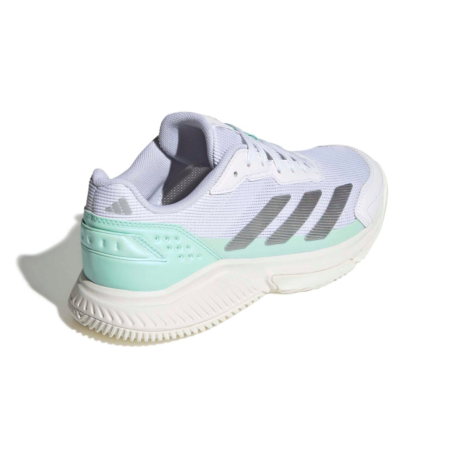 A single Adidas padel shoe shown from a three-quarters rear angle on a white background. The shoe features a white mesh upper, gray three-stripes, a mint green heel counter, and a thick white midsole.