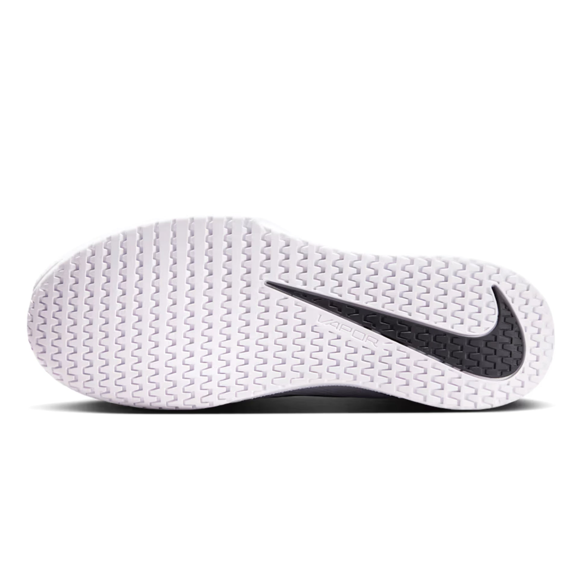 Close-up of a white tennis shoe sole with a black Nike logo on a white background