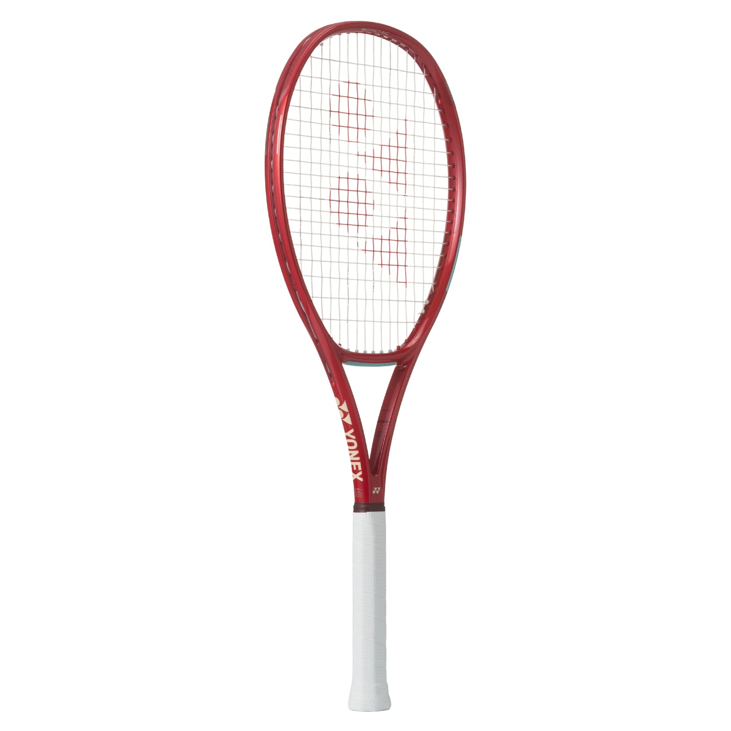 Red tennis racket with white handle on a white background