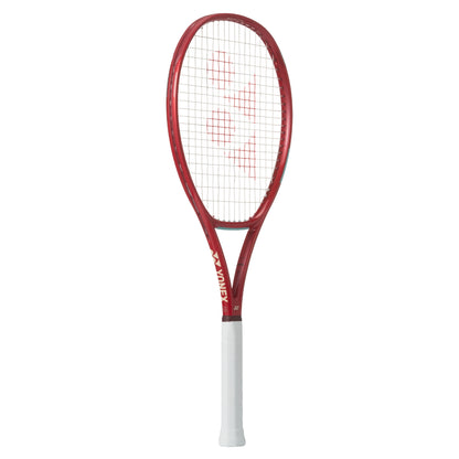 Red tennis racket with white handle on a white background