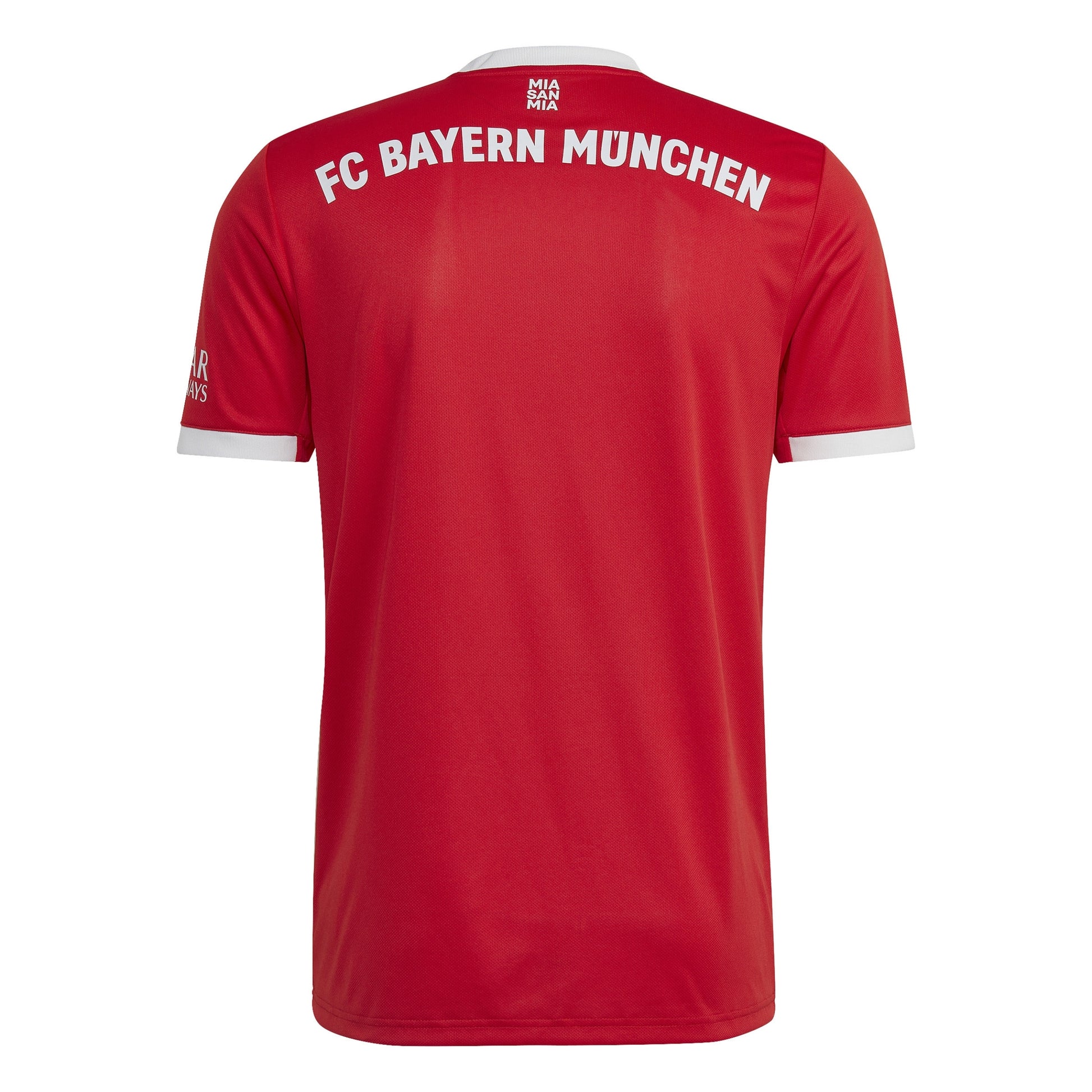 Red Adidas sports jersey with 'FC Bayern Munich' text on the back against a white background