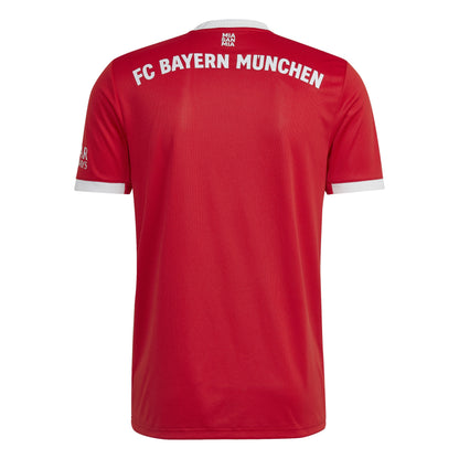 Red Adidas sports jersey with 'FC Bayern Munich' text on the back against a white background