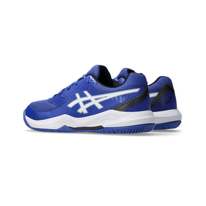Pair of blue Asics tennis shoes with white sole on a white background