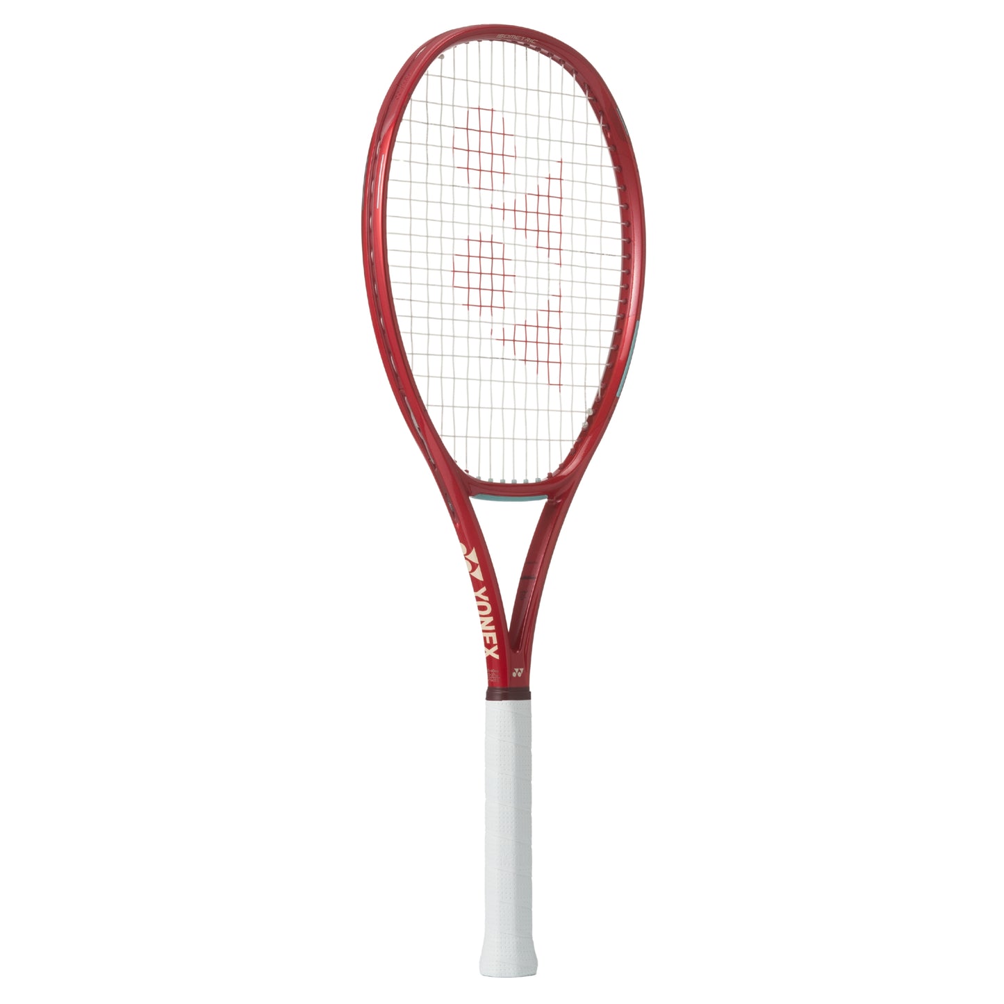 Red tennis racket with white handle on a white background