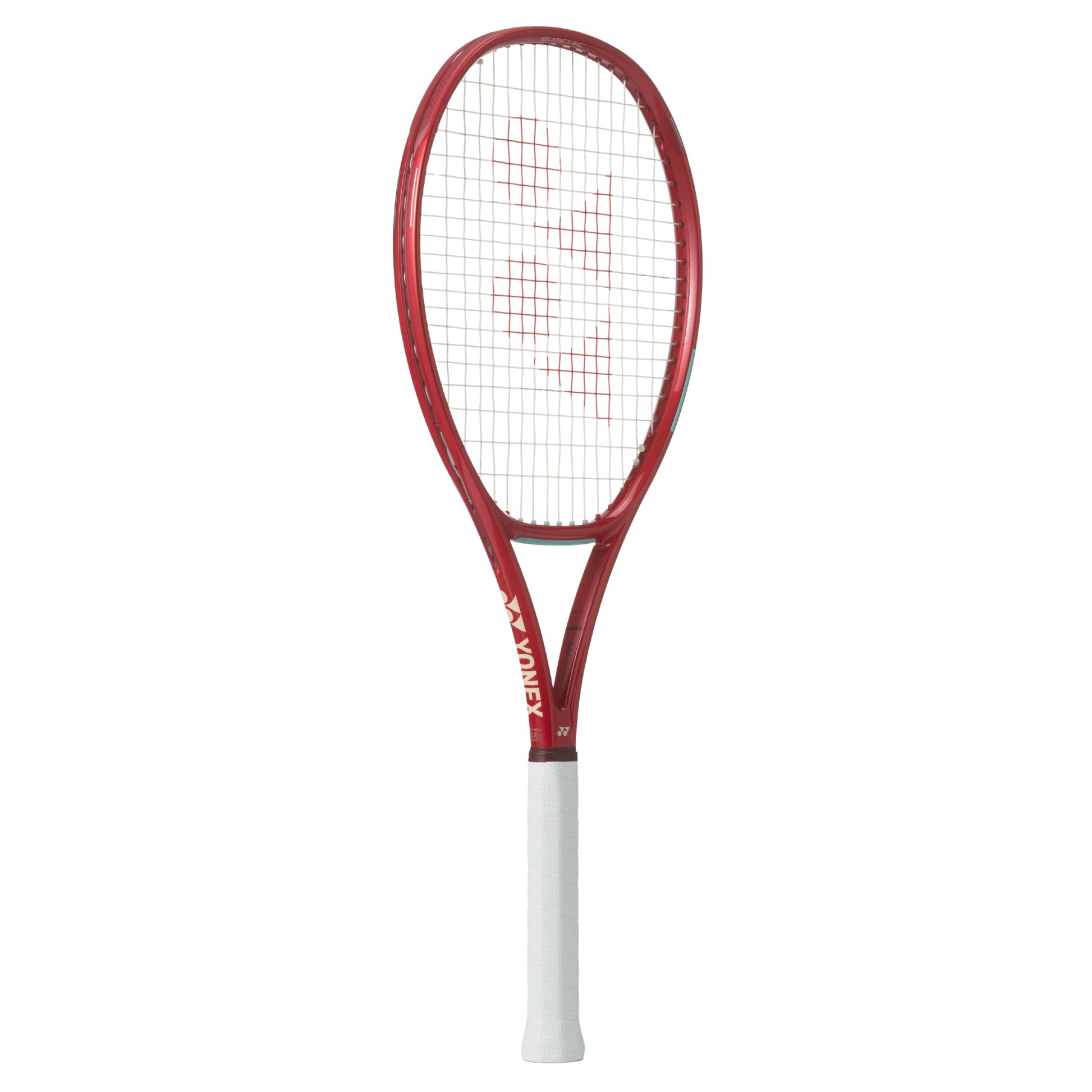 Red tennis racket with white handle on a white background