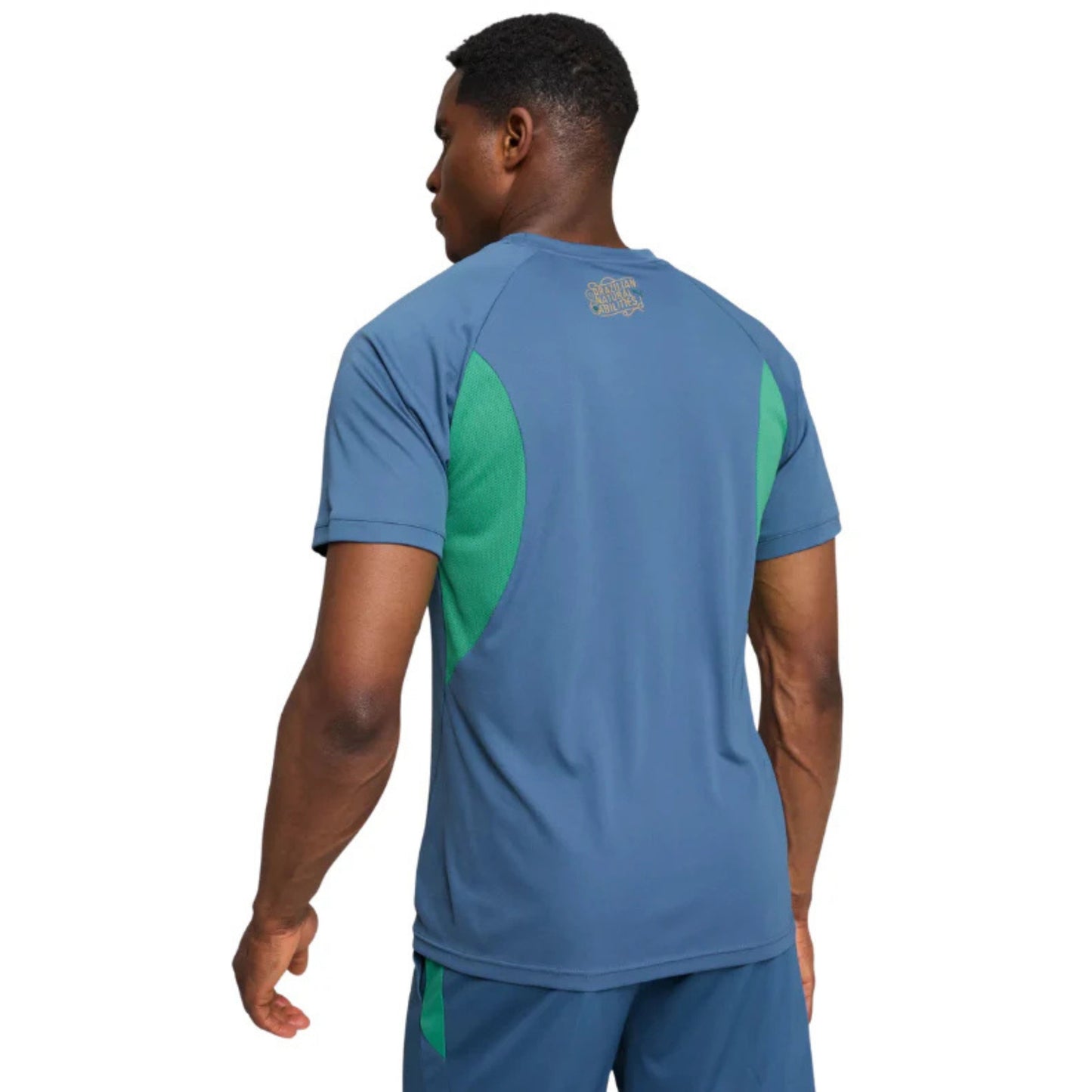 Person wearing a blue Puma soccer jersey shirt with green accents on a white background